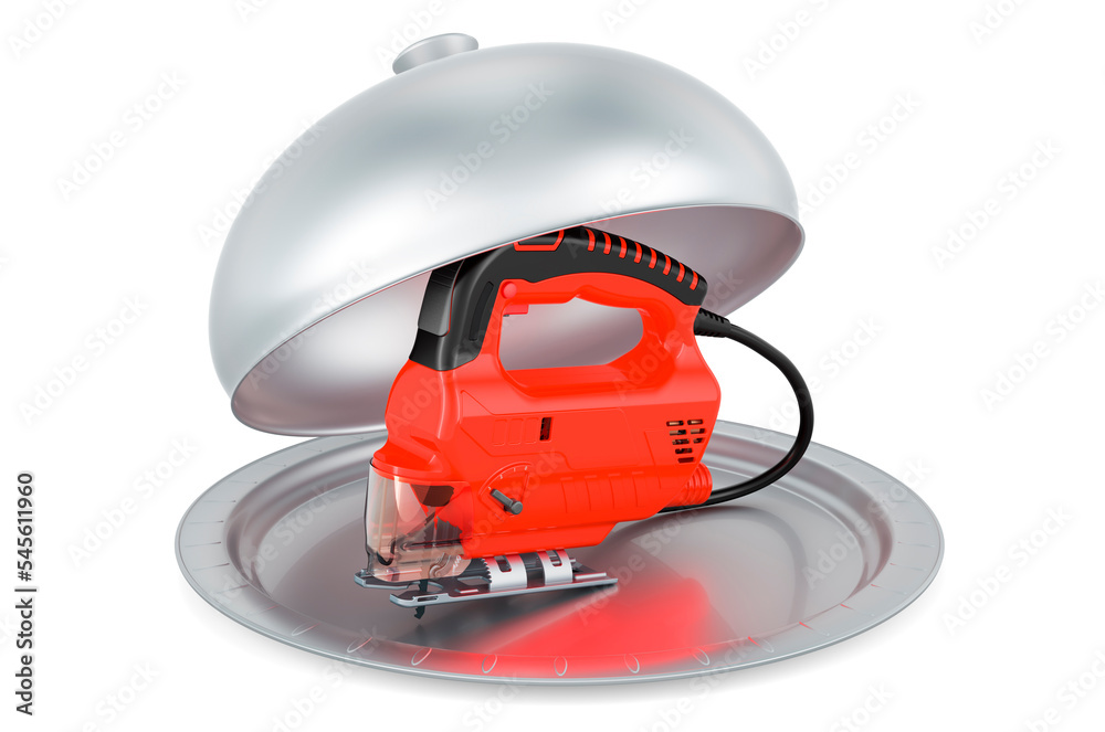 Restaurant cloche with power jigsaw, 3D rendering Restaurant cloche with power jigsaw, 3D rendering