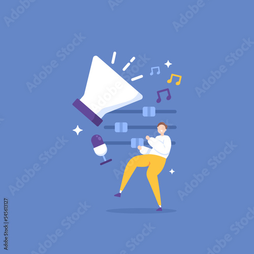 audio or sound engineer. music curator. music director. a man mixing multitrack audio to create a good audio. finishing audio results. illustration concept design. graphic elements