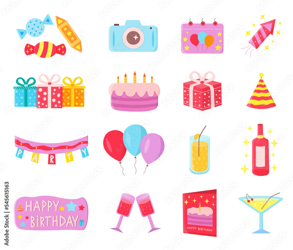 Set of happy birthday icons color. Cake, gifts, swets Set of happy birthday icons color. Cake, gifts, swets