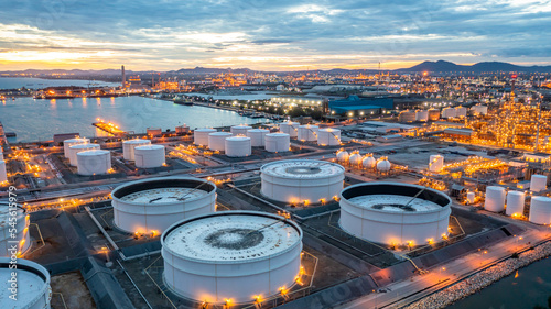 Aerial view oil terminal industrial facility storage tank oil and petrochemical product for transport storage facility, Storage tank petroleum petrochemical refinery product at oil terminal at nihgt.