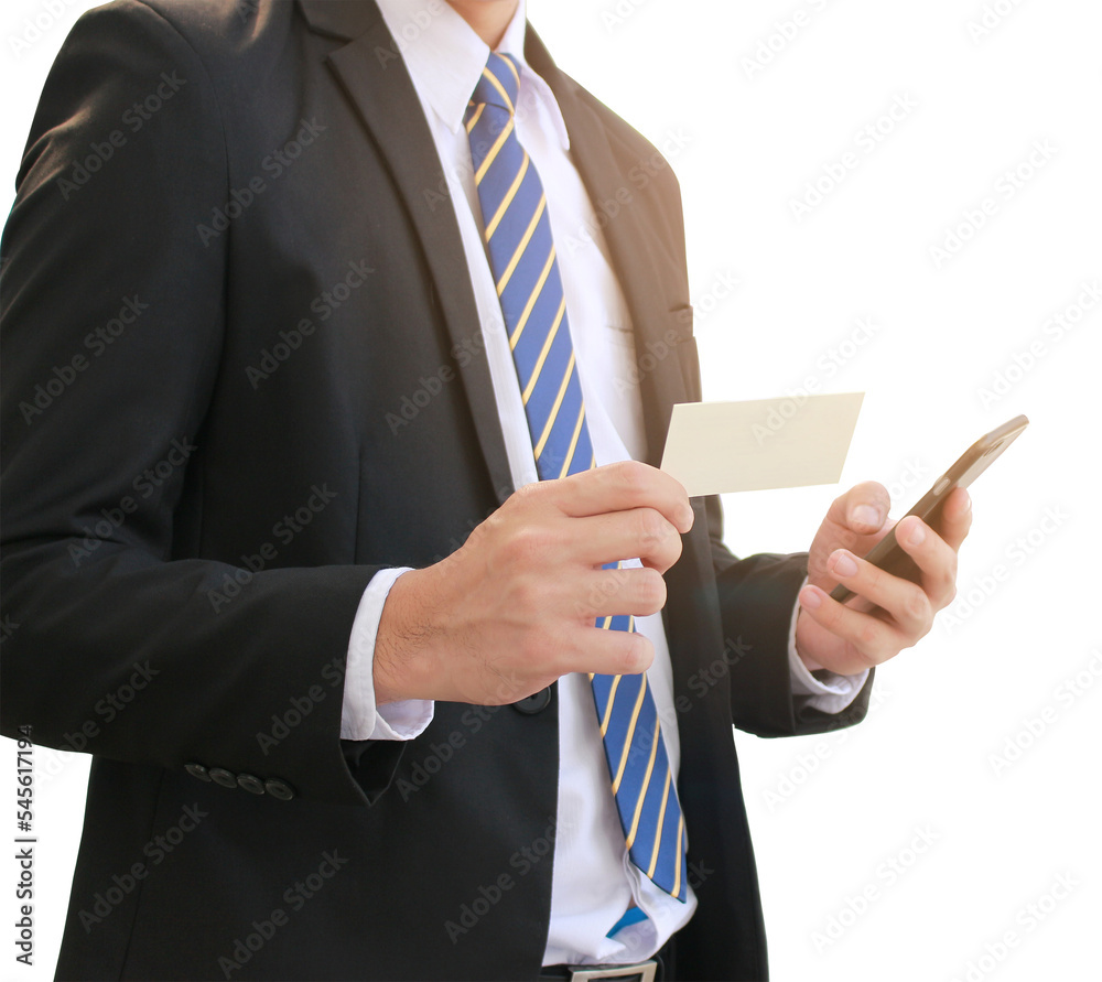 Businessman holding blank business card while using mobile phone on transparent background Businessman holding blank business card while using mobile phone on transparent background