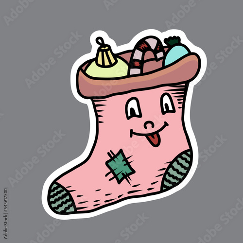 Vector christmas sticker. Hand drawn christmas stocking.