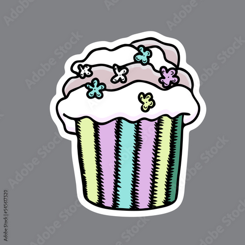 Vector christmas sticker. Hand drawn cup cake.