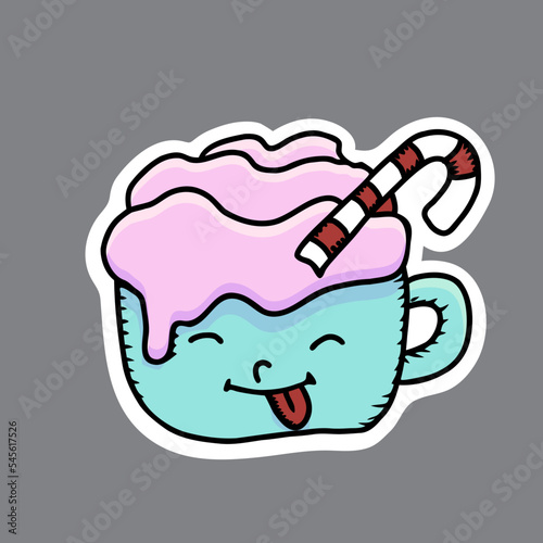 Vector christmas sticker. Hand drawn kawaii hot cocoa cup