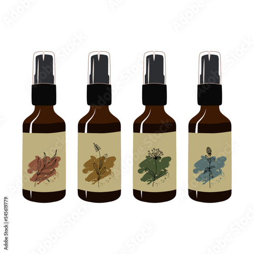 Set of glass bottles spray. Cosmetic vials for oil, liquid ester, collagen serum. Label, sticker. The model of the vector illustration is highlighted on a white background.