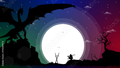 swordman fighting dragon at night. urban samurai fighting dragon at night. knight with swords against dragon. knight with swords fighting dragon at night. full moon illustration background