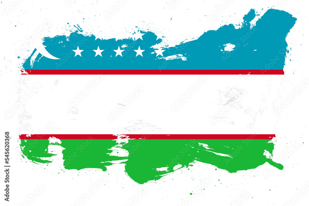 Uzbekistan flag with painted grunge brush stroke effect on white background