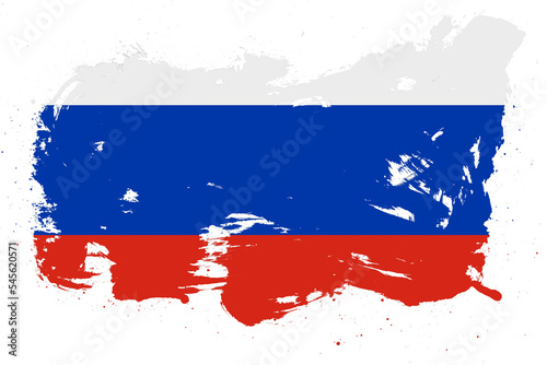 Russia flag with painted grunge brush stroke effect on white background