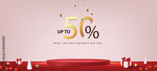 Merry Christmas sale promotion banner with product display and festive decoration