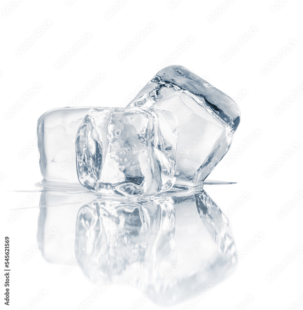 Natural crystal clear melting ice cubes on white background with mirror reflection. Natural crystal clear melting ice cubes on white background with mirror reflection.