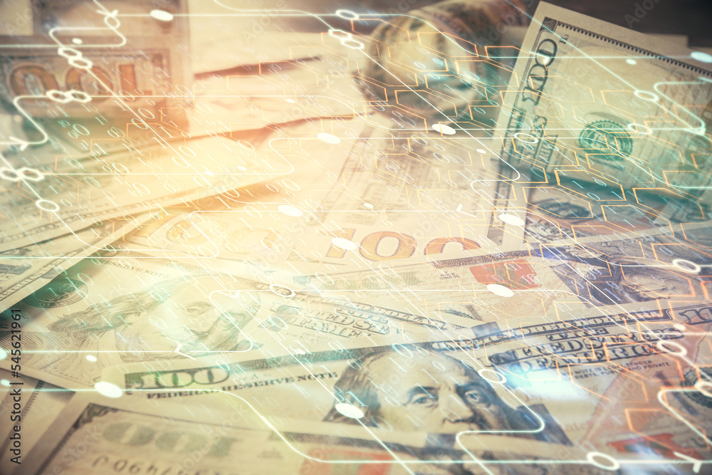 Double exposure of data theme drawing over us dollars bill background. Technology concept. Double exposure of data theme drawing over us dollars bill background. Technology concept.