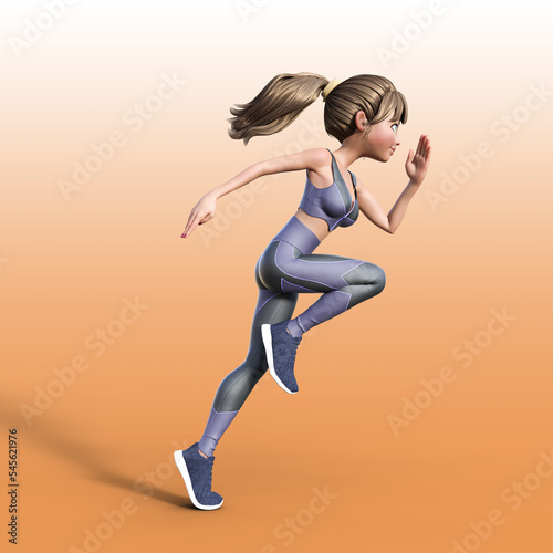 3D render illustration. Cartoon character woman in black sportswear running