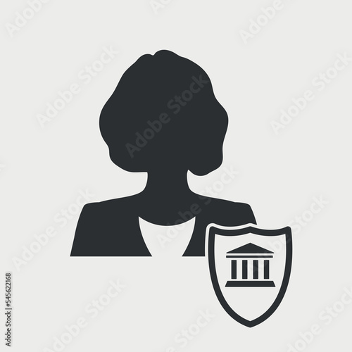 Woman silhouette with banking or government sign. Official person, political, lawyer icon. Vector illustration