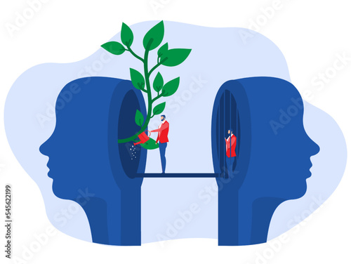 Two Big head human think growth mindset different fixed mindset concept vector