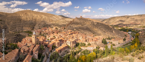 Платно Amazing aerial Panoramic view of Albarracín Village in Teruel on a sunny Autumn