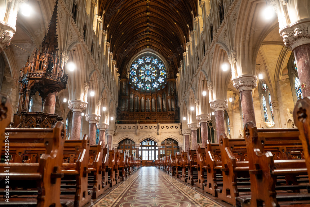 Interier of The neo-gothic Cathedral of St. Colman, usually called in Cobh Cathedral, is a Roman Catholic cathedral in Cobh, Ireland.