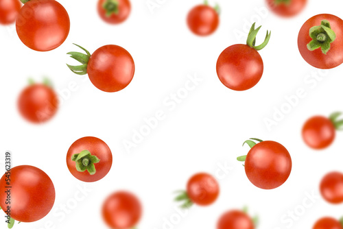 Levitation of cherry tomatoes isolated on transparent background, copy space.