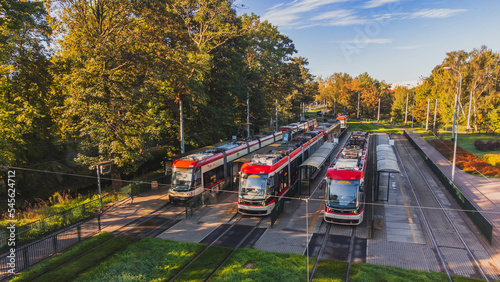 Trams at the tram terminus in Gdansk Jelitkowo, Poland.