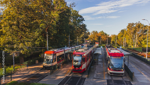Trams at the tram terminus in Gdansk Jelitkowo, Poland. photo