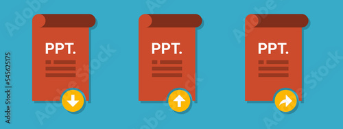 Vector of PPT download icon, PPT upload icon,and PPT share icon. PPT logo with download, upload,and share label. Presentation document logo with rolled down document and text icon in the middle.