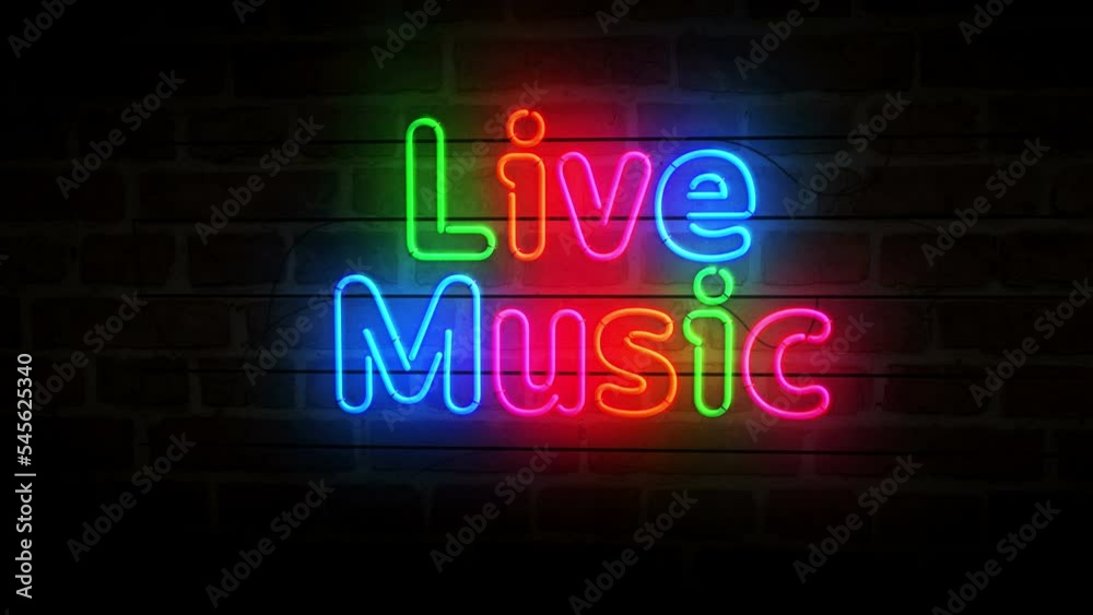 Live Music neon on brick wall. Retro style nightlife club, entertainment and musical night party light color bulbs. Abstract concept 3d animation. Live Music neon on brick wall. Retro style nightlife club, entertainment and musical night party light color bulbs. Abstract concept 3d animation.