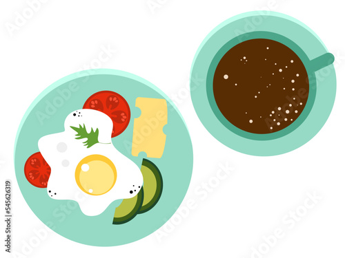 Breakfast with coffee and eggs. Illustration of a breakfast. Plate with scrambled eggs, cheese, avocado, tomato. Simple flat illustration 
