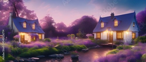 Violet evening in a Fantasy cozy fairytale village hidden in a beautiful forest. Sofr evening light. Beautiful fairy scene. Photorealistic 3D render. photo