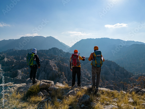 Expedition team in unusual, wild and dangerous mountains