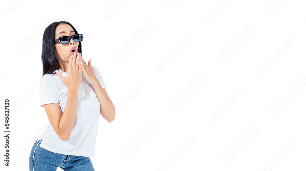 Surprised happy young asian woman look to copy space in excitement with shout and wow face Expressive facial expressions Beautiful girl act like a satisfied product Isolated on white background Surprised happy young asian woman look to copy space in excitement with shout and wow face Expressive facial expressions Beautiful girl act like a satisfied product Isolated on white background