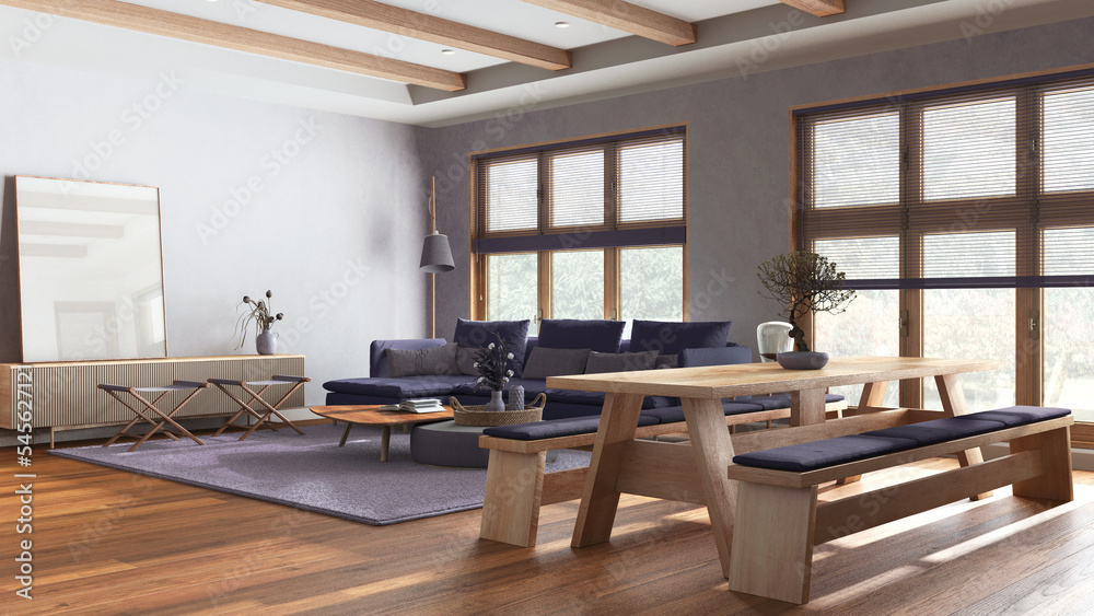 Japandi living and dining room in white and purple tones. Fabric sofa and wooden dining table with benches. Minimalist modern interior design Japandi living and dining room in white and purple tones. Fabric sofa and wooden dining table with benches. Minimalist modern interior design