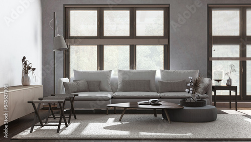 Japandi minimalist living room in dark and beige tones. Fabric sofa  wooden furniture and parquet floor. Modern interior design