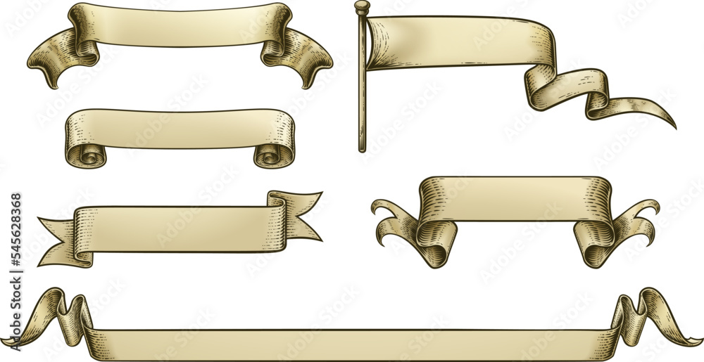 A set of parchment scrolls or paper ribbon banners and flags in a vintage retro woodcut style