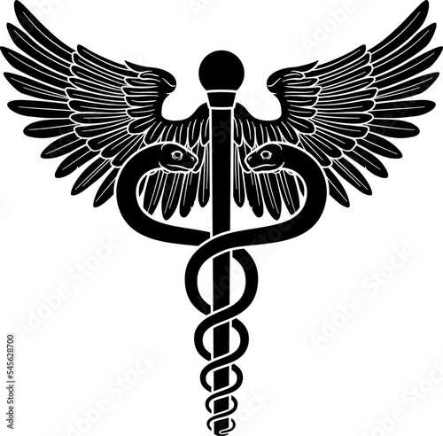 A caduceus, often used as a doctor medical symbol interchangeably with the Rod of Asclepius or Aesculapius. Features two snakes curled around a staff with wings.