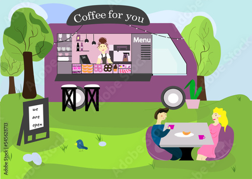 food truck illustration,interior design,family in the park