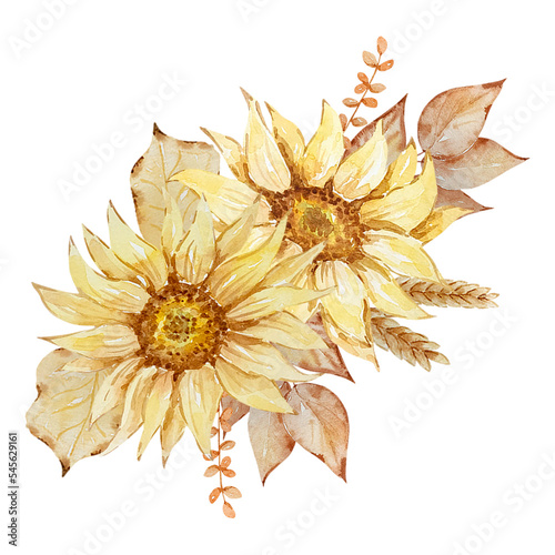 Autumn bouquet of watercolor sunflowers and leaves