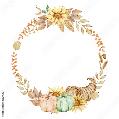 Autumn wreath of watercolor cornucopia and pumpkin © SvetaArt