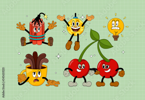 Set of comic characters in retro cartoon style. Cute comic gloved hands characters in cartoon 1930s style. Doodle Comic characters for any life situation in new trend style.