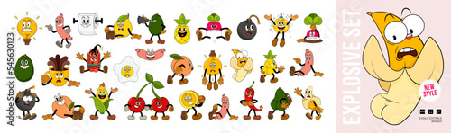 Explosive big set of comic characters in retro cartoon style. Cute comic gloved hands characters in cartoon 1930s style. Doodle Comic characters for any life situation in new trend style.