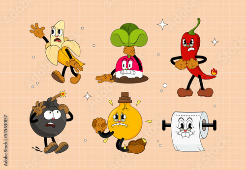 Set of comic characters in retro cartoon style. Cute comic gloved hands characters in cartoon 1930s style. Doodle Comic characters for any life situation in new trend style.