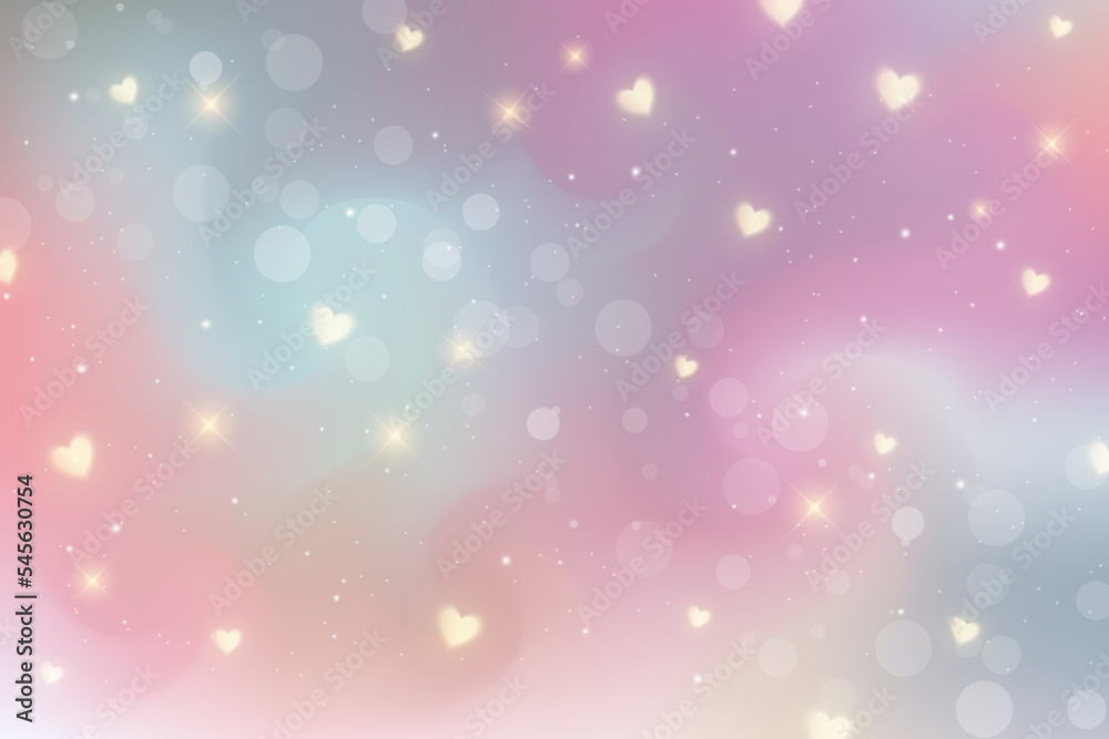 Rainbow fantasy background. Bright multicolored sky with hearts, stars and bokeh. Holographic illustration in pastel violet and pink colors. Cute cartoon girly wallpaper. Vector.