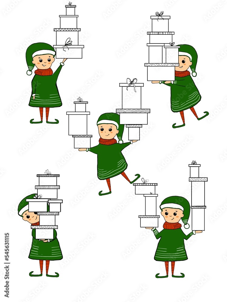 gnomes hold presents. coloring page children's illustration. dwarves presents. greetings with winter holidays. the winter holidays gnomes hold presents. coloring page children's illustration. dwarves presents. greetings with winter holidays. the winter holidays
