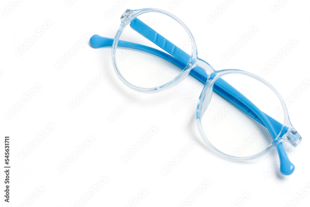 Top view blue frame eyeglasses on white background. Top view blue frame eyeglasses on white background.