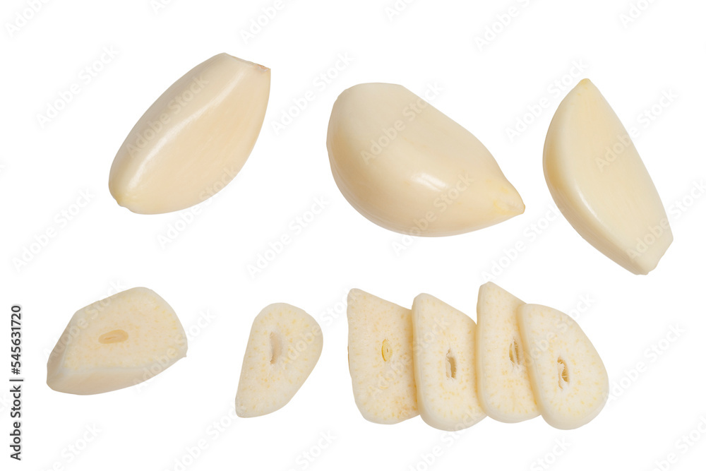 fresh peeled garlic cloves, bulb with garlic slices isolated on white background. fresh peeled garlic cloves, bulb with garlic slices isolated on white background.