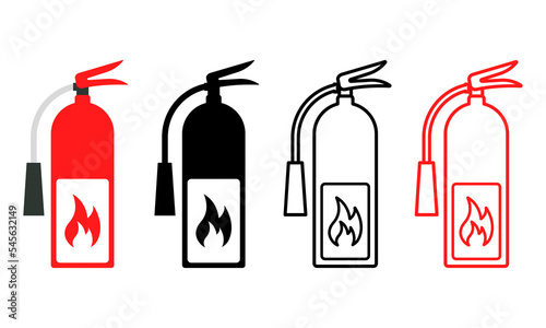 Set of red and black fire extinguisher flat icons vector on white background. Extinguish fire. Vector 10 EPS.
