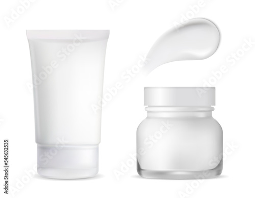 White cosmetic cream tube. Cream jar for moisture scrub, cosmetic product blank. Creme texture smear, skin foundation swatch. Round glass bottle for liquid gel with plastic lid, label design