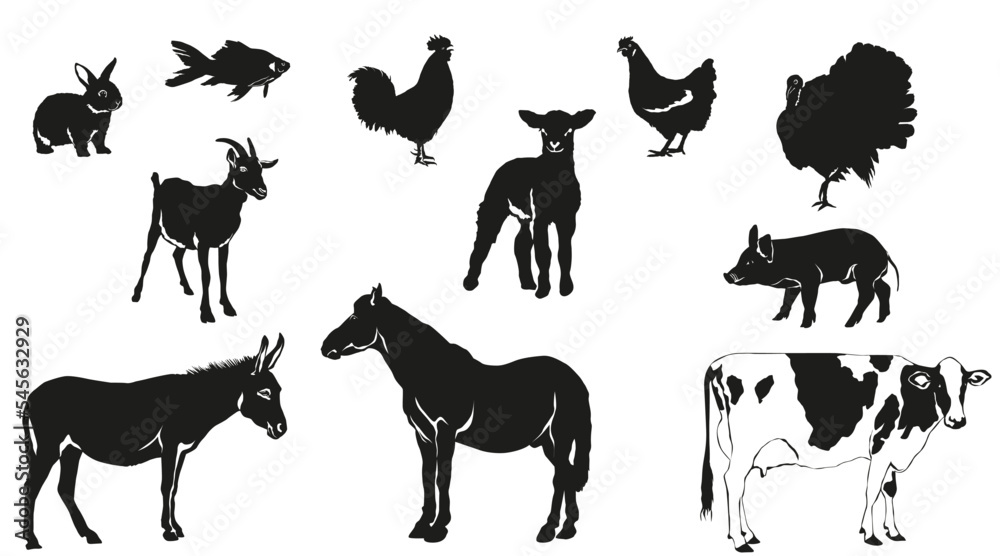 Farm Animal Vector Silhouette Set Stock Vector | Adobe Stock