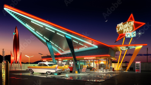 3D Illustration of Mid Century Modern Gas Service Station at Night in the Vintage Googie Style Popular in the 60's and 70's. There is a classic car parked.  All Logos and Graphics are Fictitious. photo