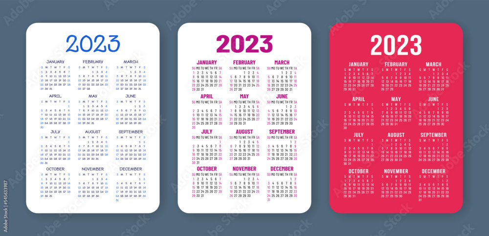 Calendar 2023 year set. English vector set. Vertical wall or pocket calender template. Design collection. Week starts on Sunday Calendar 2023 year set. English vector set. Vertical wall or pocket calender template. Design collection. Week starts on Sunday