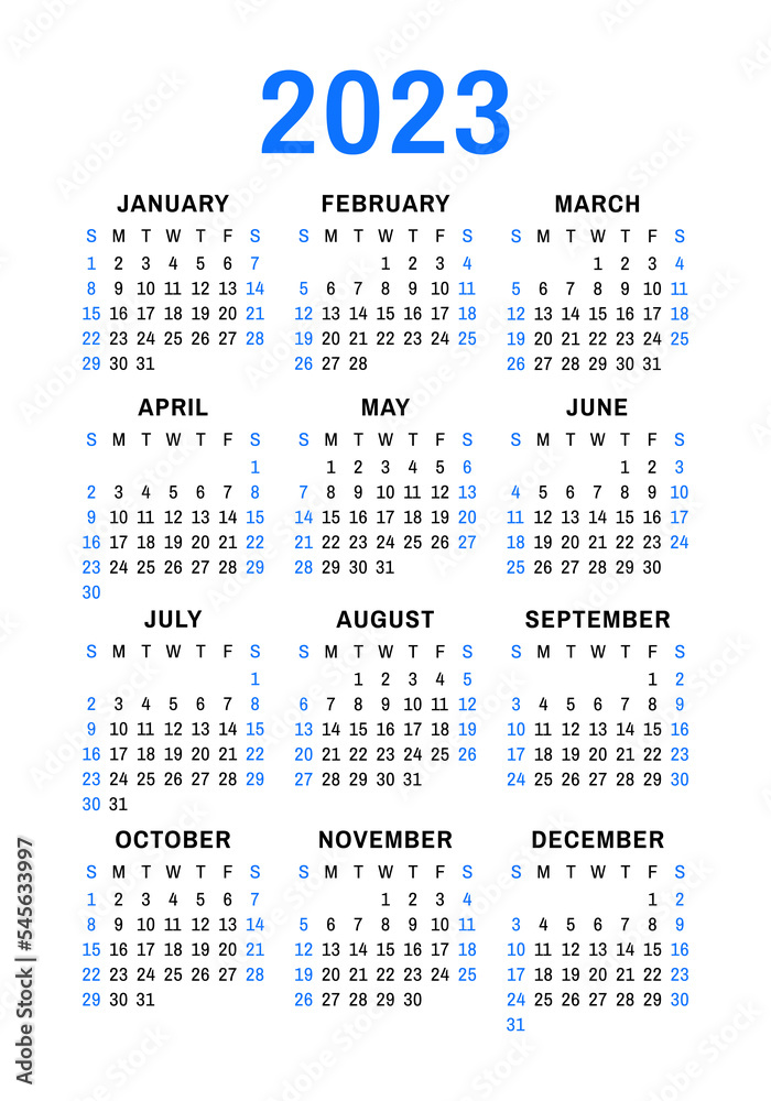 Calendar design 2023 year. English blue vector vertical wall or pocket calender template Calendar design 2023 year. English blue vector vertical wall or pocket calender template
