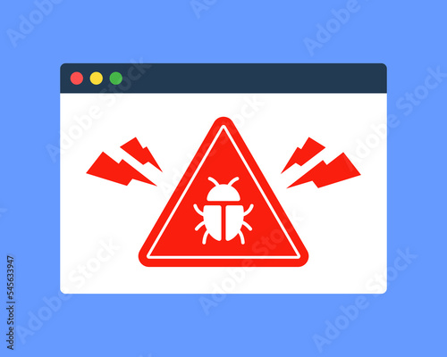 Web browser window with malware warning icon. Symbol of dangerous website or dark web. Virus detection. Internet threat, cybercrime, or antivirus concept. Flat cartoon vector technology illustration.